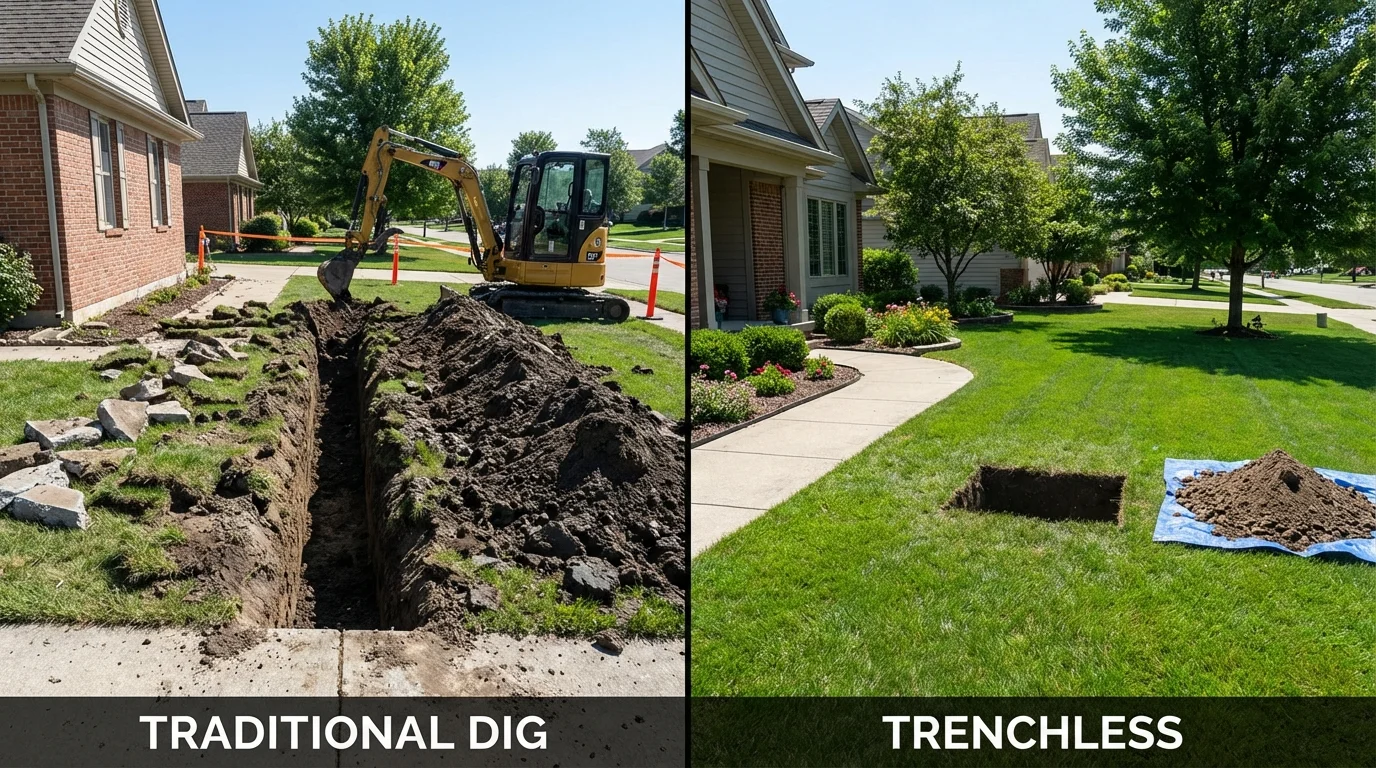 Trenchless sewer repair with minimal yard damage versus traditional excavation in Bellevue, MI