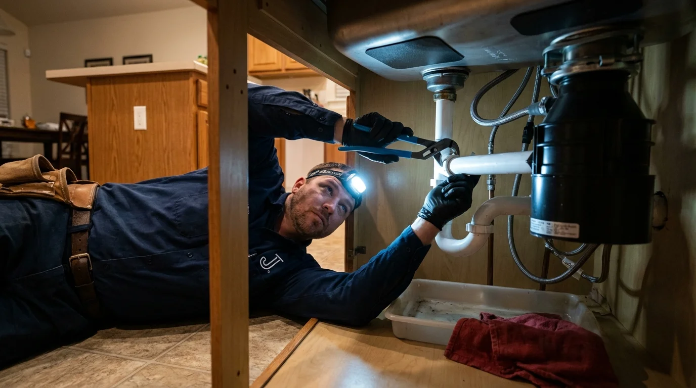 P-trap and supply line connections under a kitchen sink showing a common leak point in Bellevue, MI